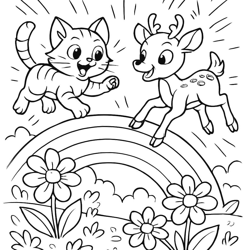 un chaton et un cerf jouant sur un arc-en-ciel au-dessus d'un jardin