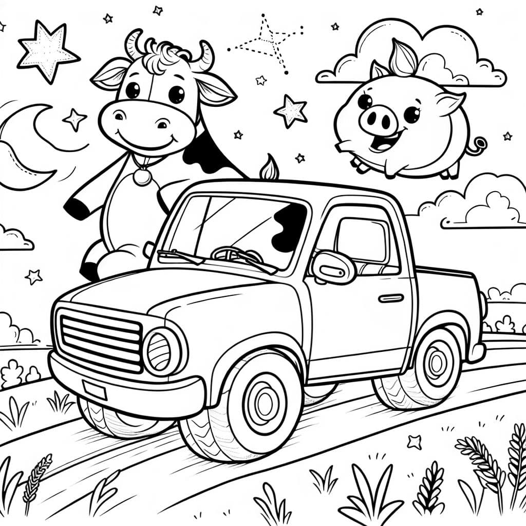 Una vaca conduciendo una camioneta con un cerdo cerca.