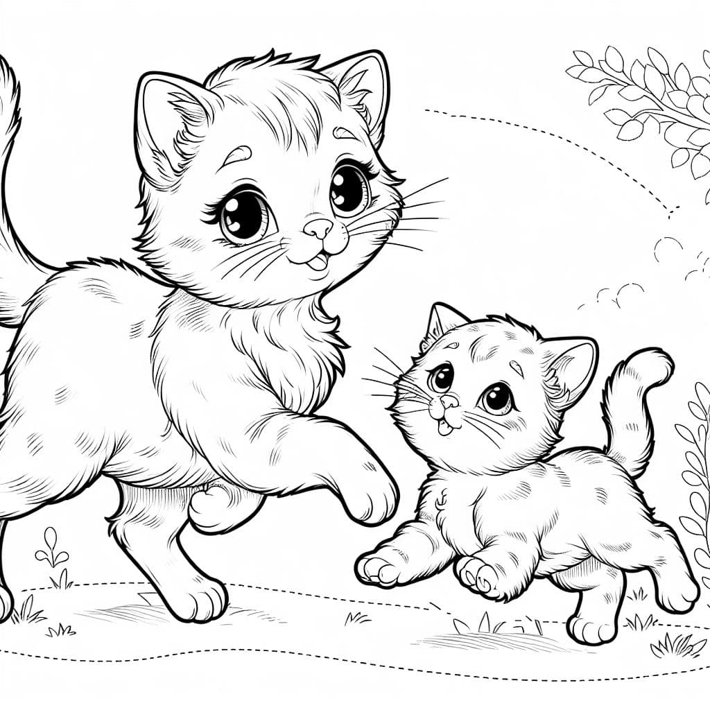 Eine Mama-Katze und ihr Kätzchen laufen einander entgegen.