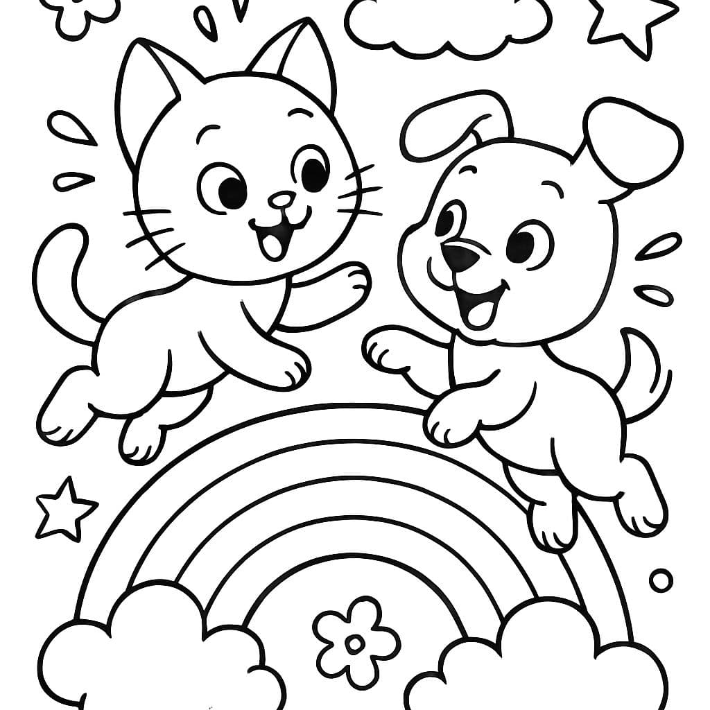 un gatito y un cachorro jugando en un arcoíris