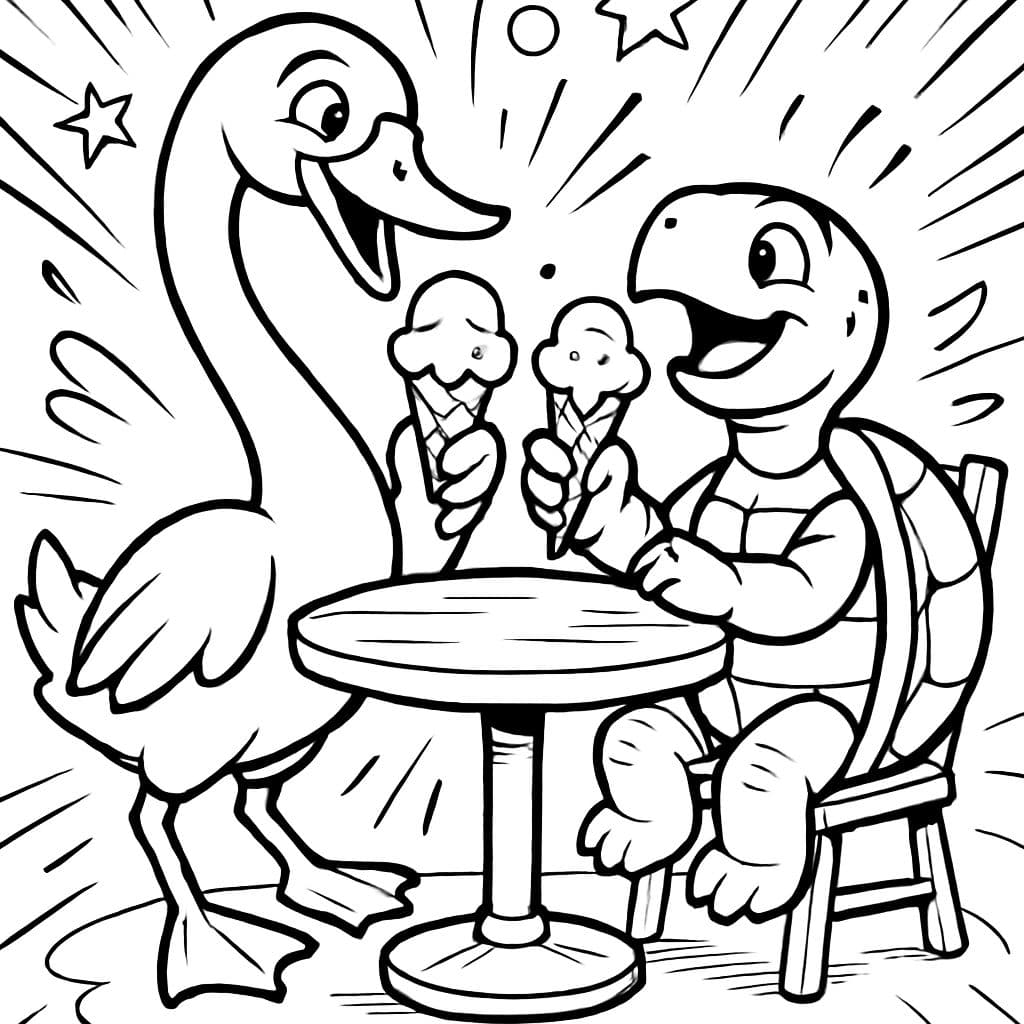 Ein Schwan und eine Schildkröte essen Eiscreme an einem Tisch.