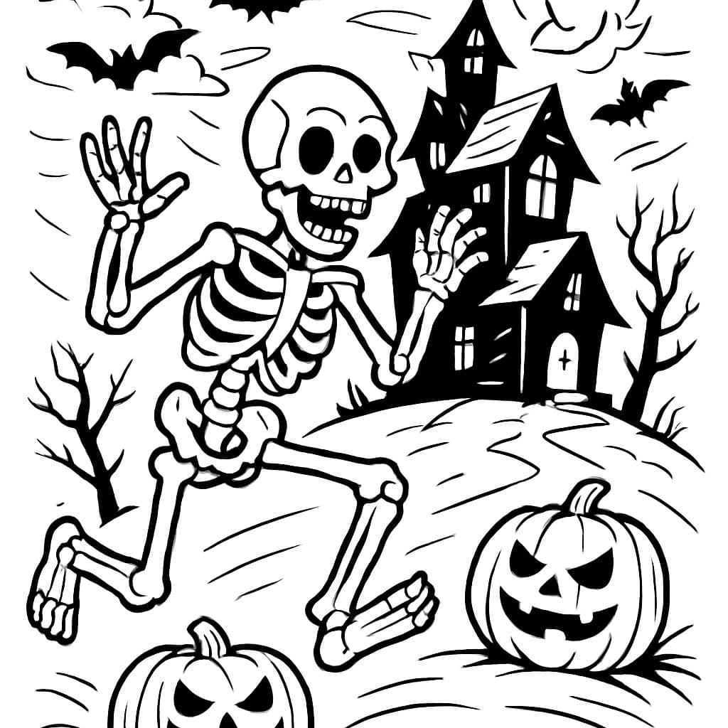 casa embrujada con 2 calabazas y un esqueleto