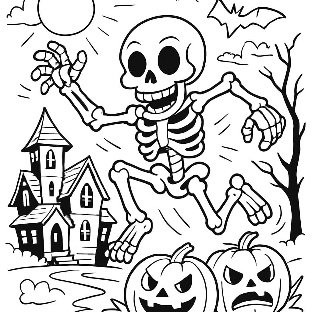 gespenstisches Haus mit 2 Kürbissen und einem Skelett