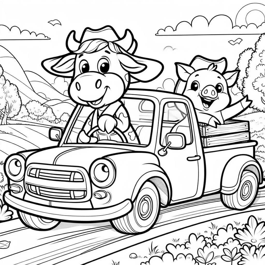 Una vaca conduciendo una camioneta con un cerdo. Una escena divertida y colorida para que los niños coloreen.