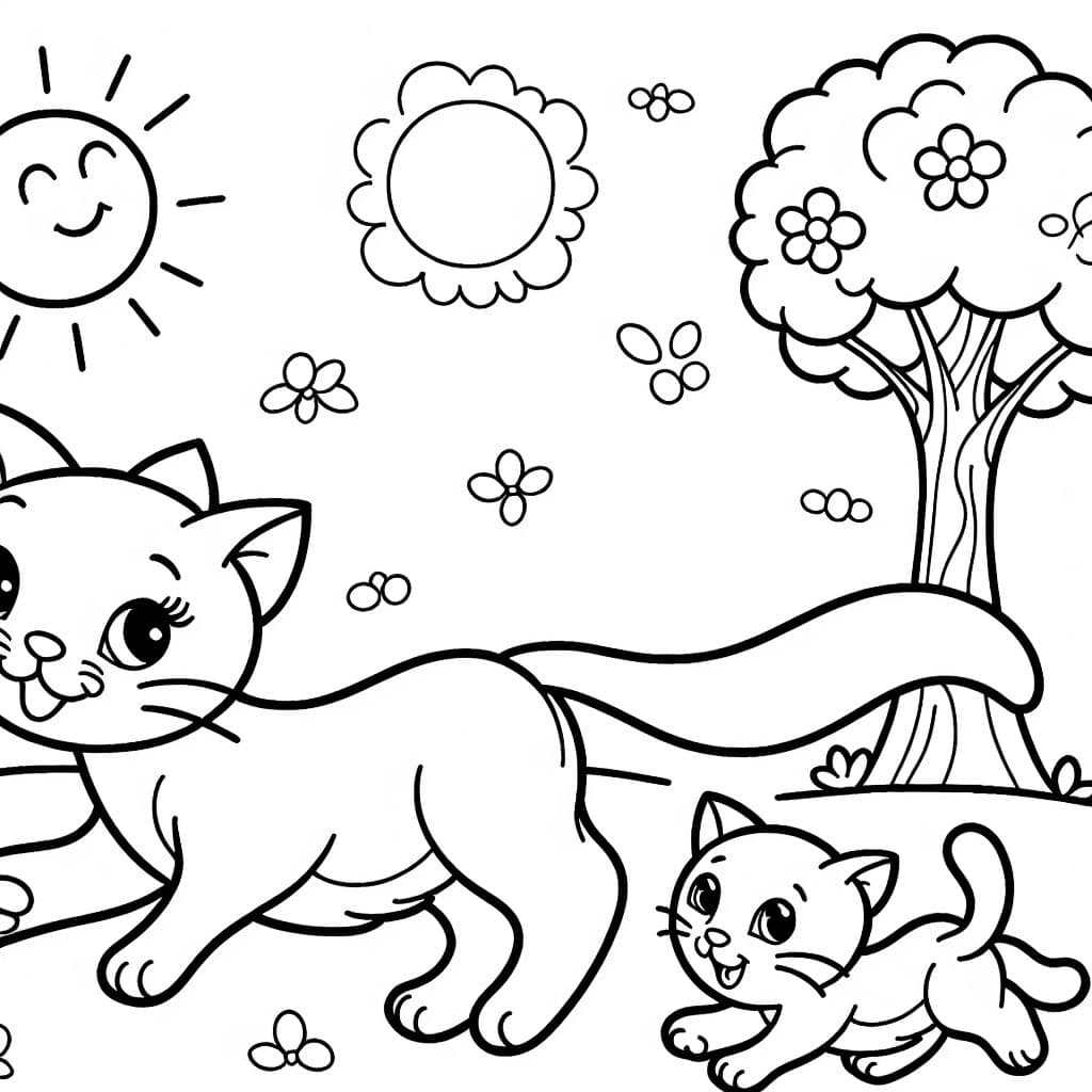 Une maman chatte et son chaton courent l'un vers l'autre.