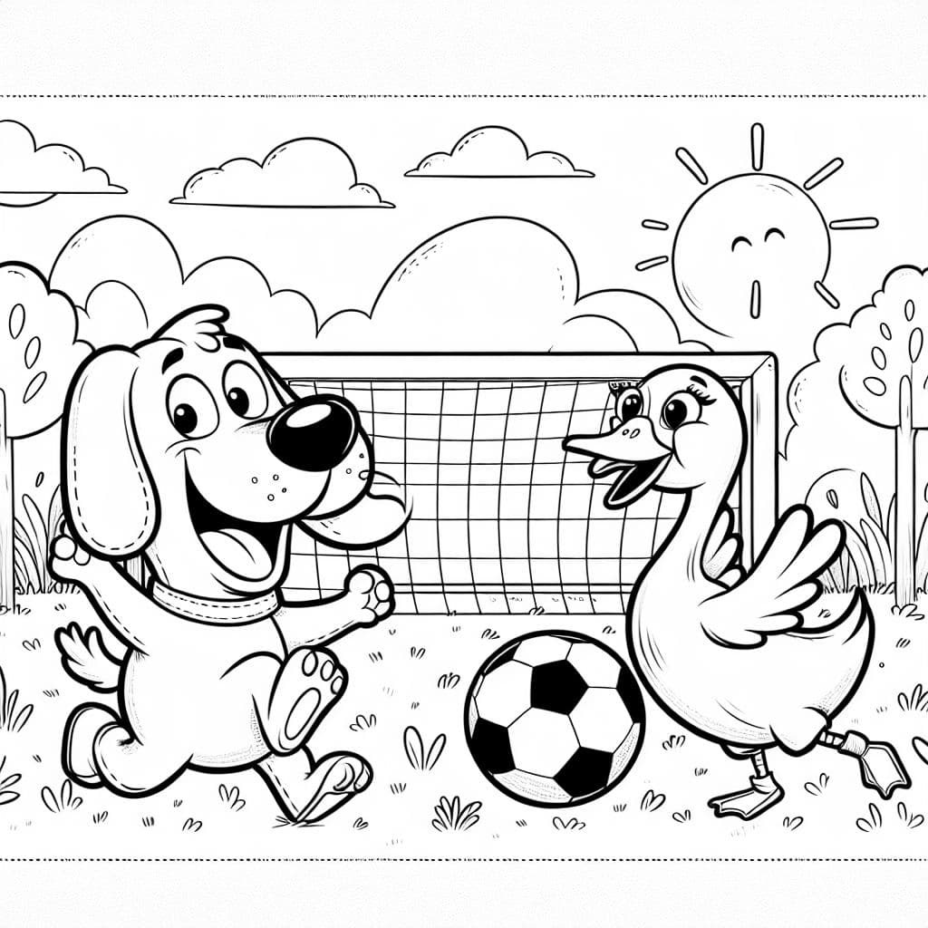 Un perro y una ganso están jugando al fútbol en un campo.