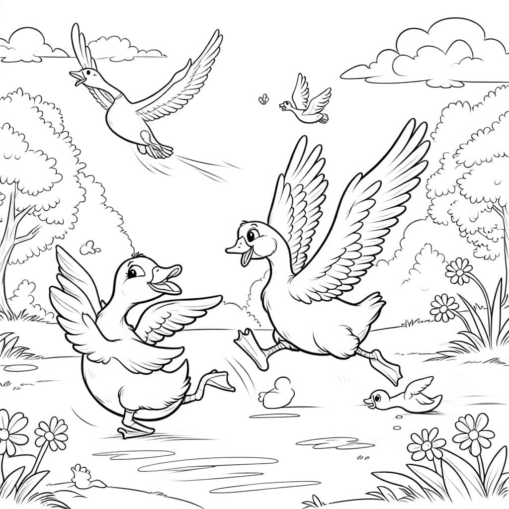 Un pato y una ganso corren el uno hacia el otro.