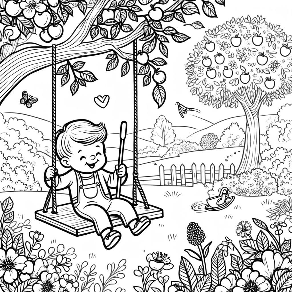 Baby schaukelt im Garten neben einem Apfelbaum