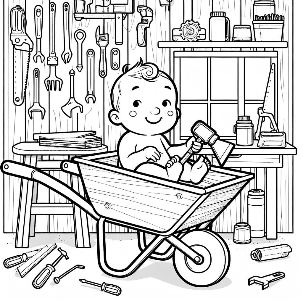 Baby sitzt in einer Schubkarre in der Werkstatt