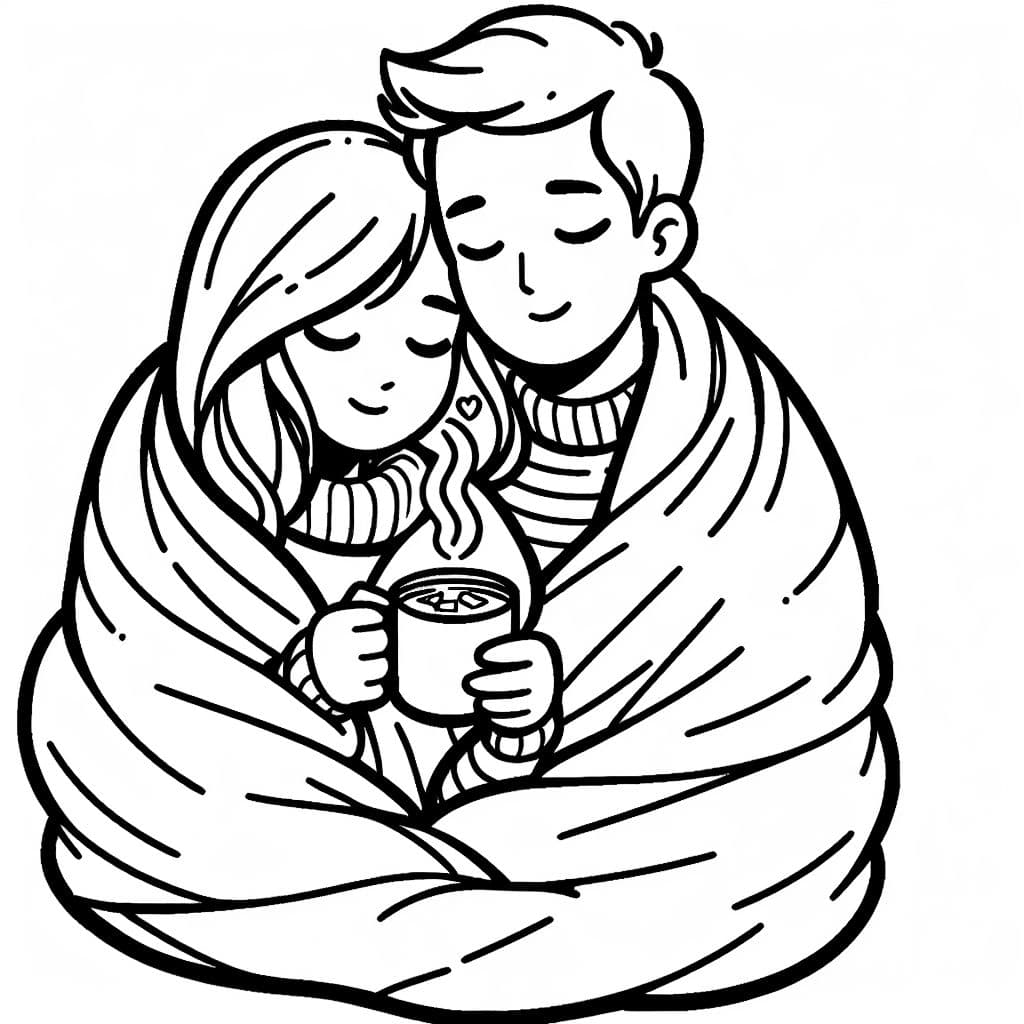A couple cuddled up under a soft blanket with a steaming cup of cocoa