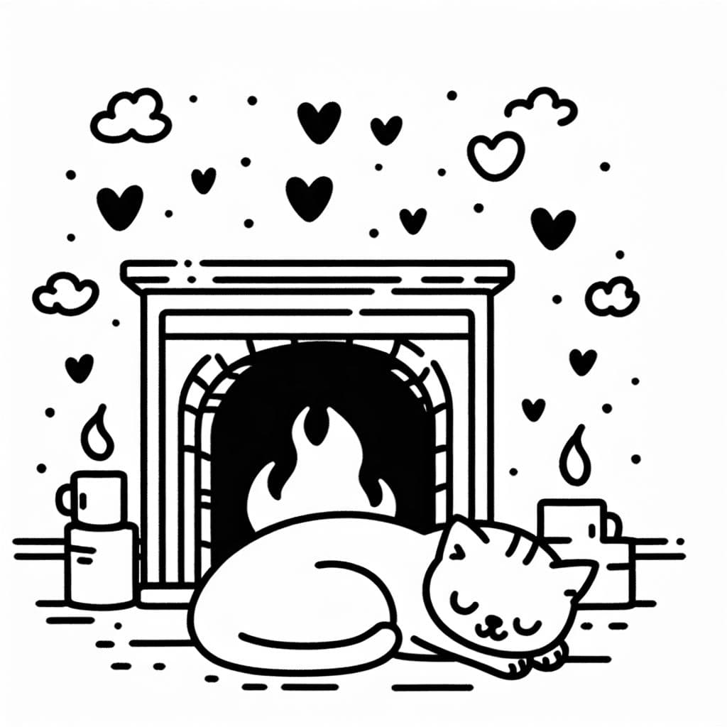 A cat curled up by a fireplace with hearts floating around. Minimalist
