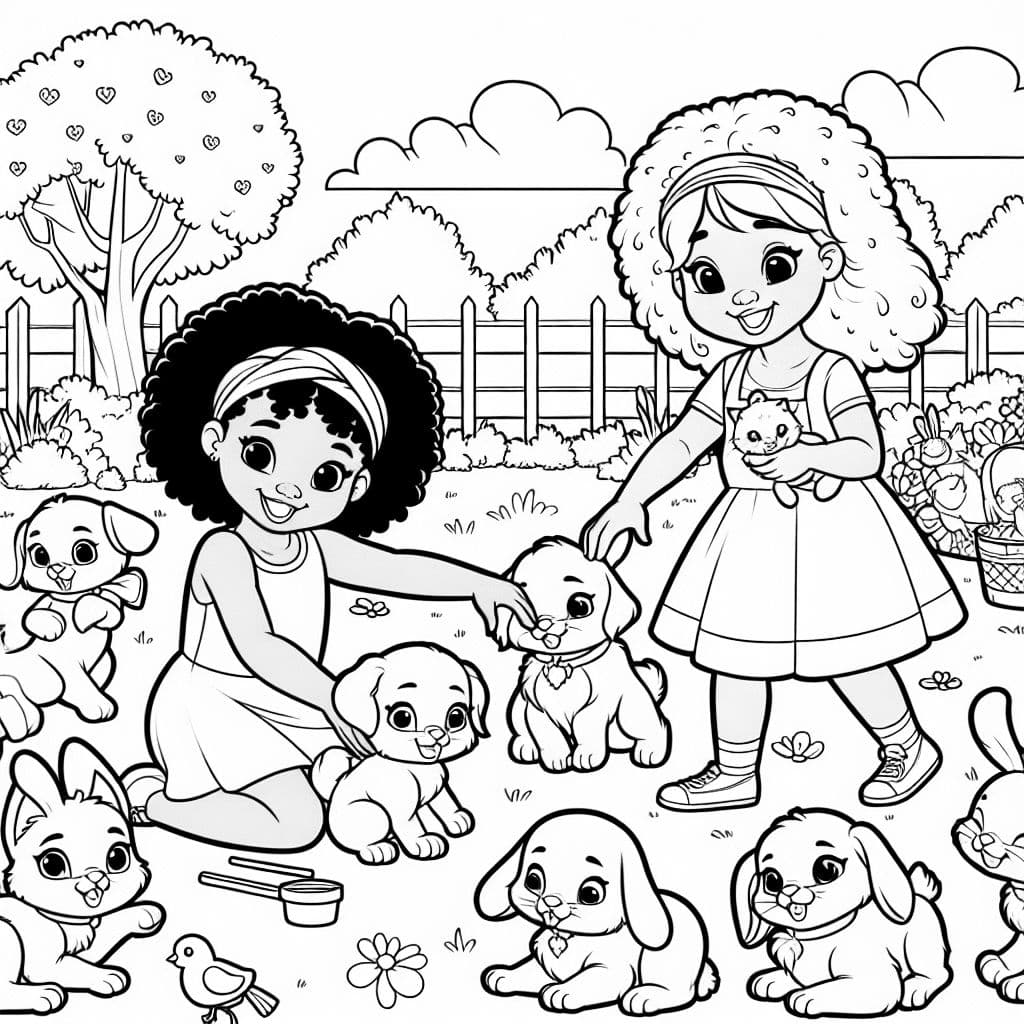 Trois filles afro-américaines et quelques filles caucasiennes jouant avec des animaux mignons