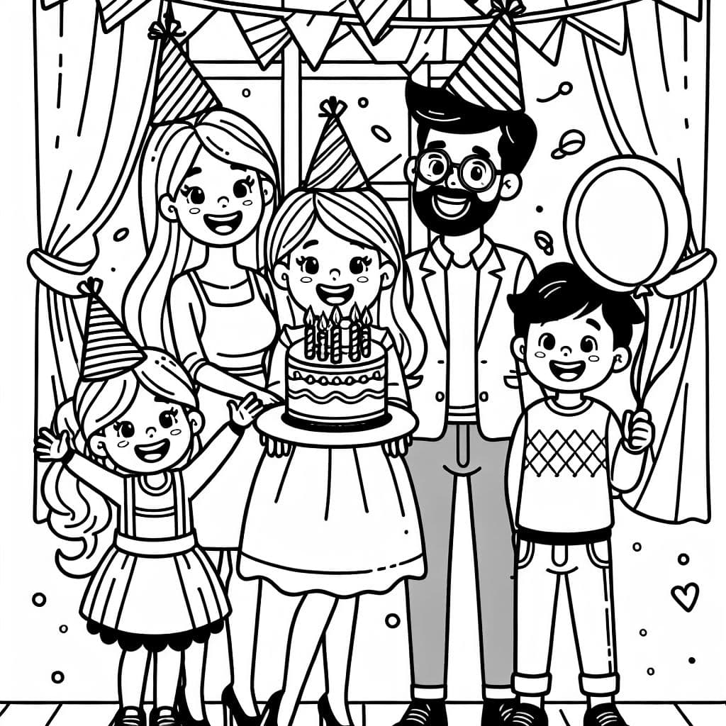 Mamá negra, papá negro, hijo negro e hija negra celebrando el cumpleaños de mamá.