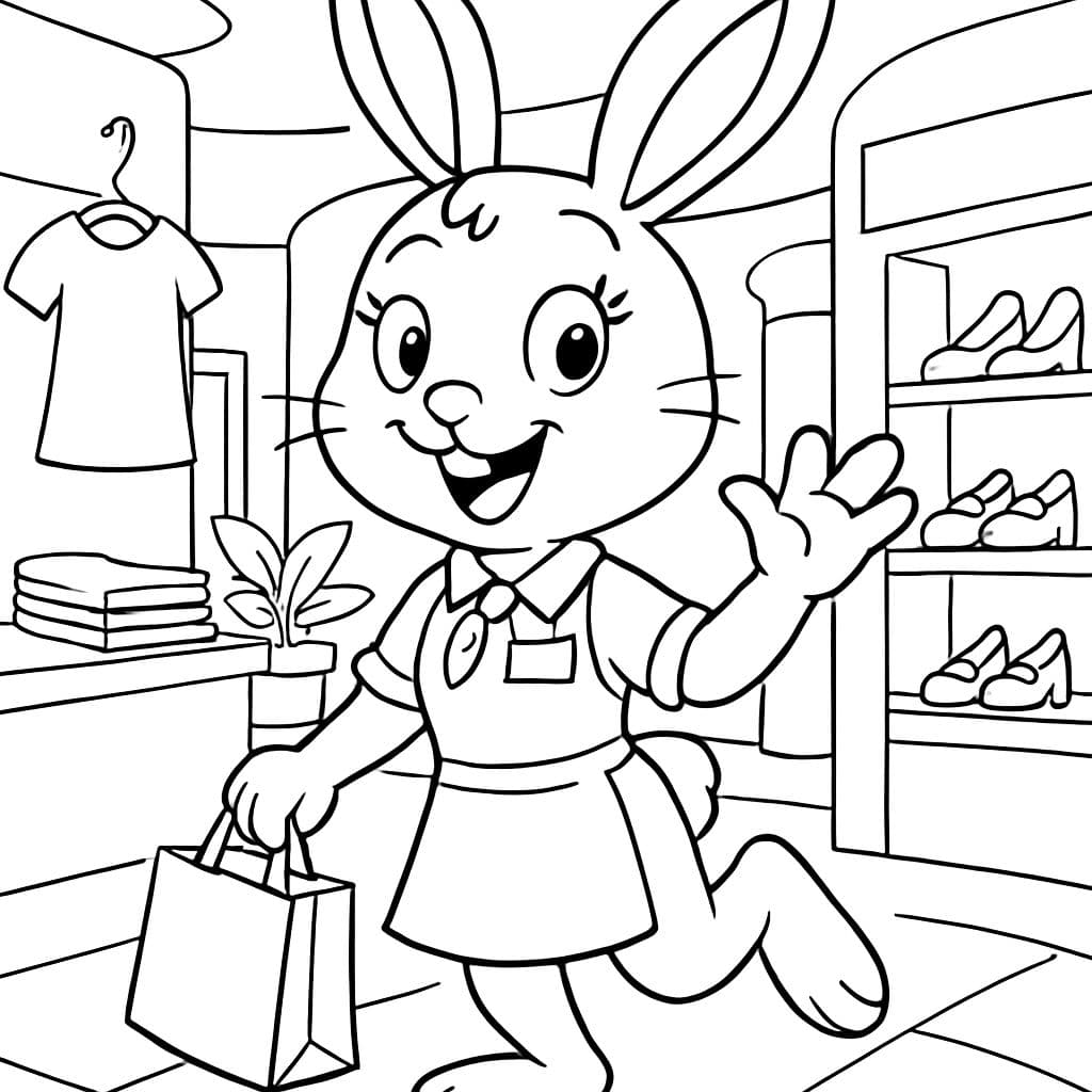Conejo como dependienta en el centro comercial
