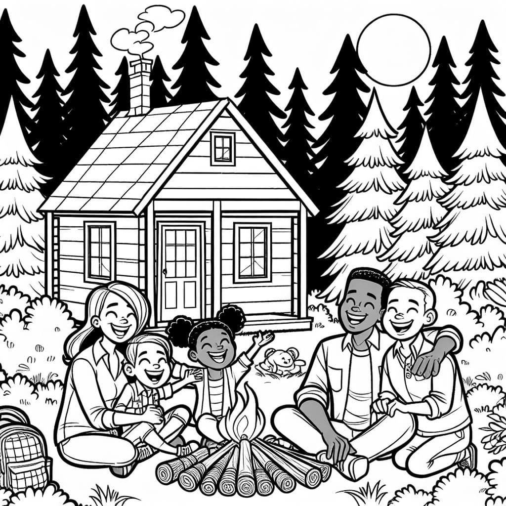 boy girl mom dad staying at a cabin in pine trees