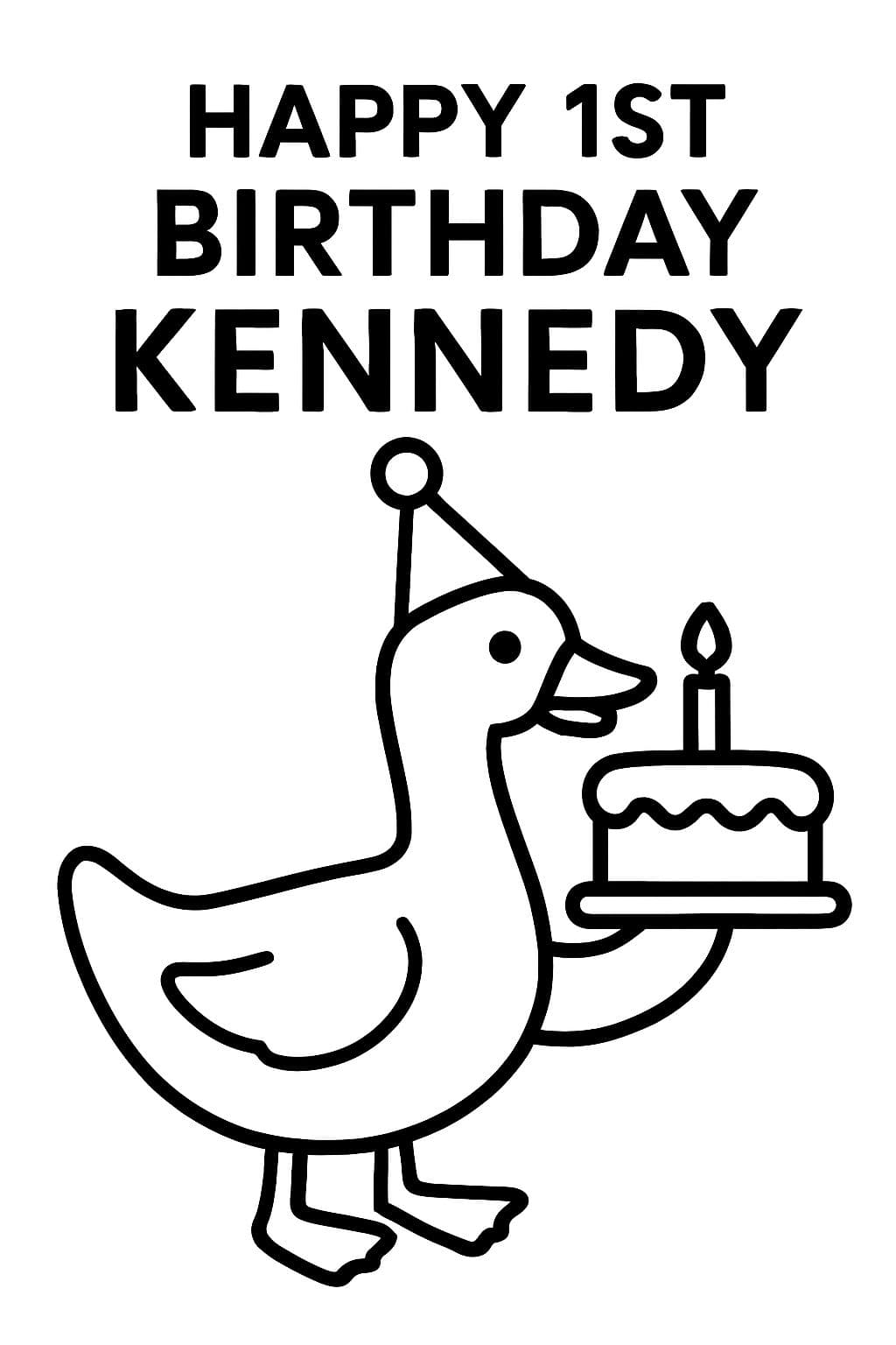 Une oie d'anniversaire avec les mots 'joyeux 1er anniversaire Kennedy'.