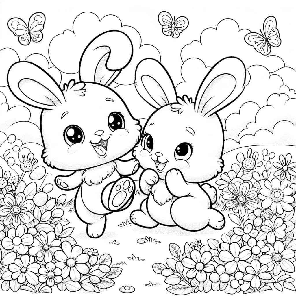 two cute bunnies playing in a field of flowers