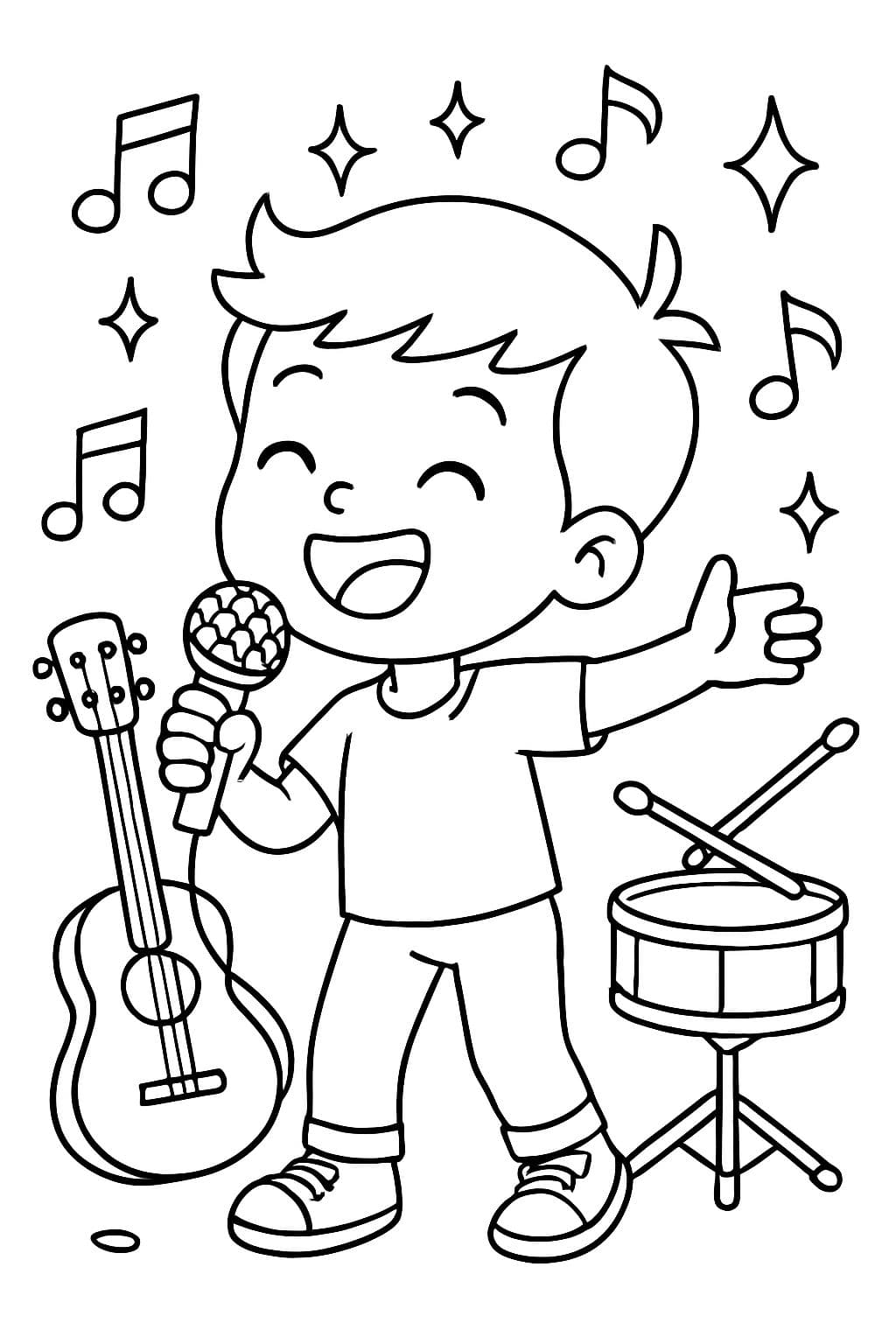 Microphone, instruments, éclats, belles notes de musique, chanteur garçon
