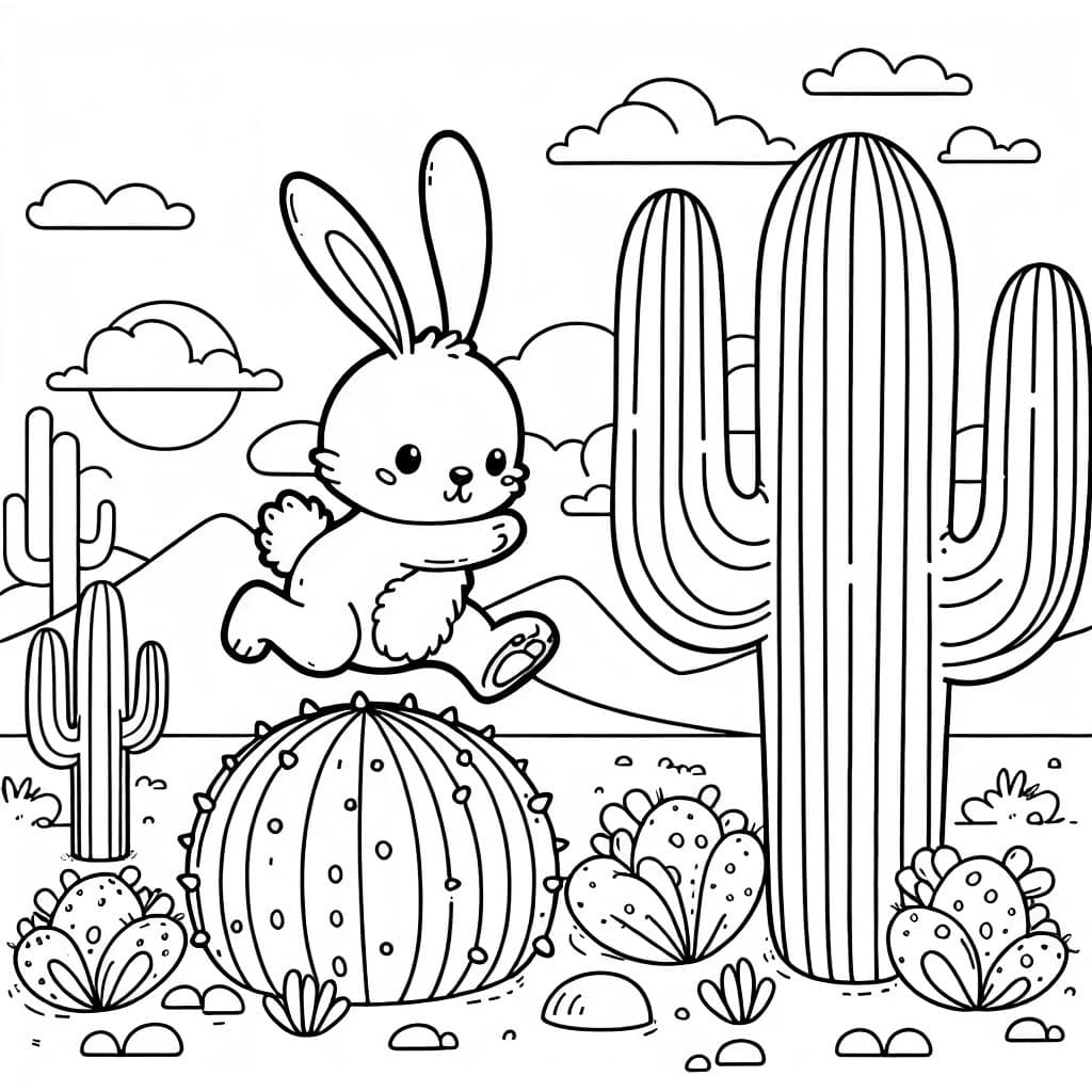 Un conejo en el desierto saltando sobre un cactus.