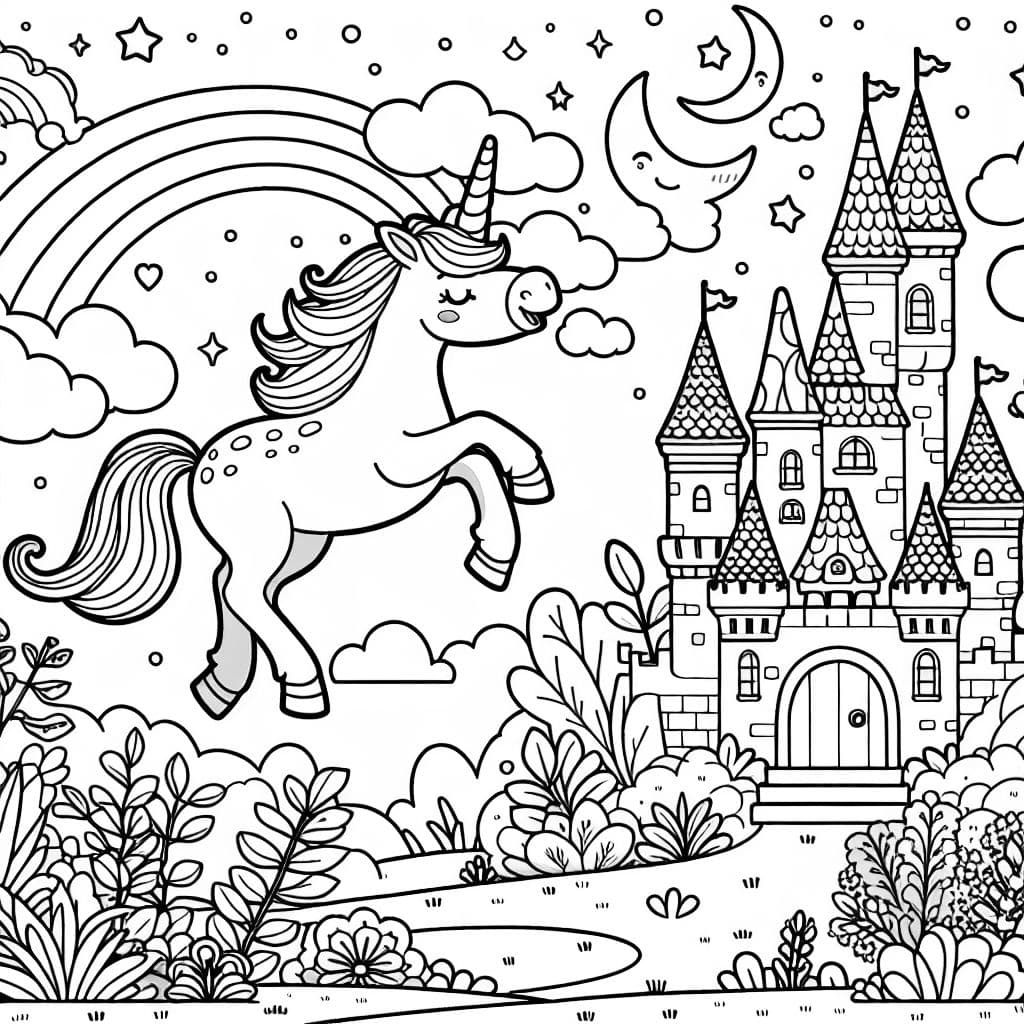 Un unicornio en una tierra de castillo mágica galopando.