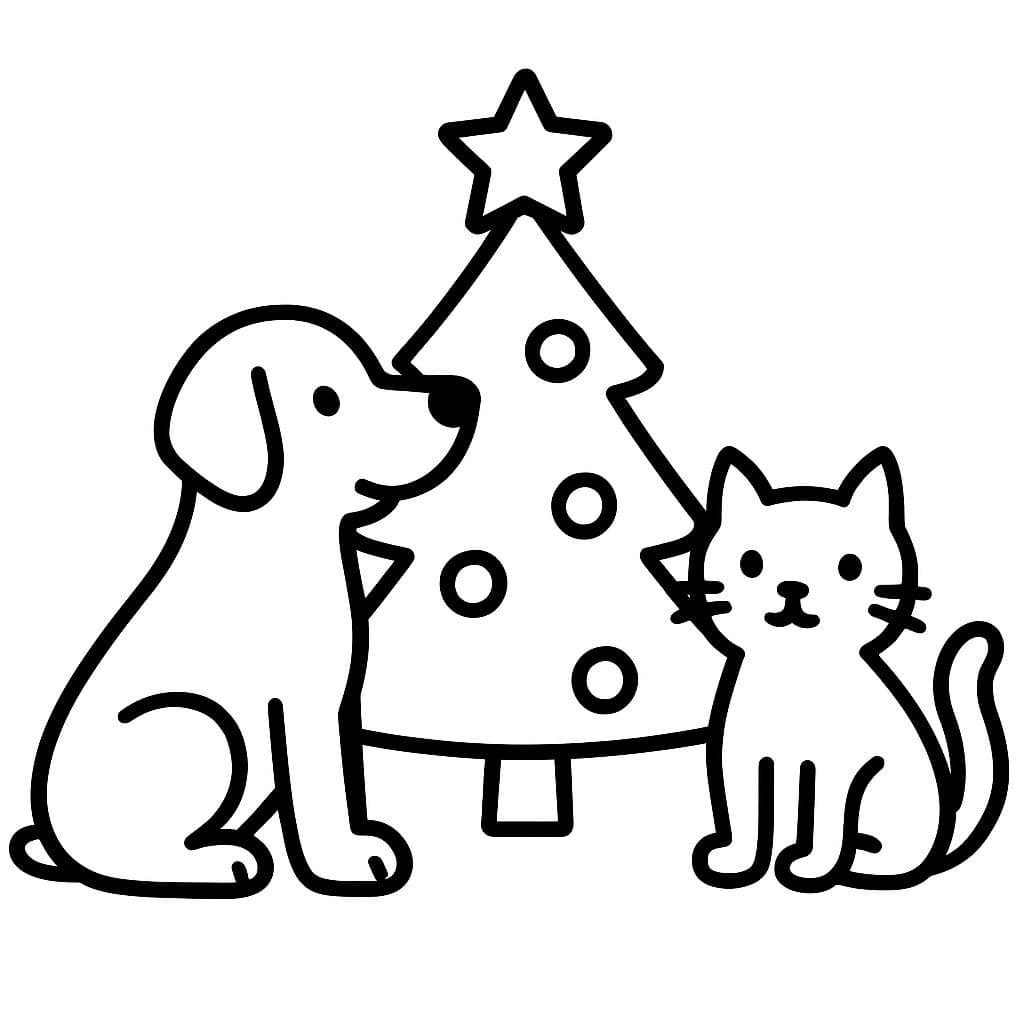 Ein Labrador und eine Katze mit einem Weihnachtsbaum