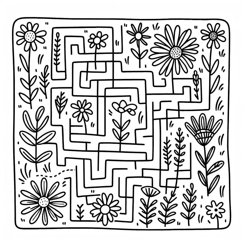 un laberinto simple y fácil con temática de flores silvestres que tiene un inicio y un final