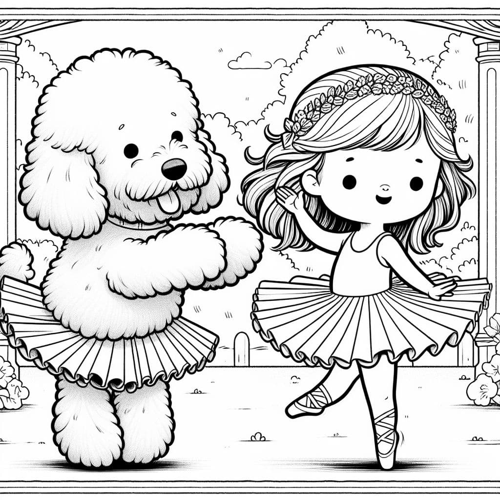 a 4 year old girl with long hair and a labradoodle both ballet dancing with tutus on