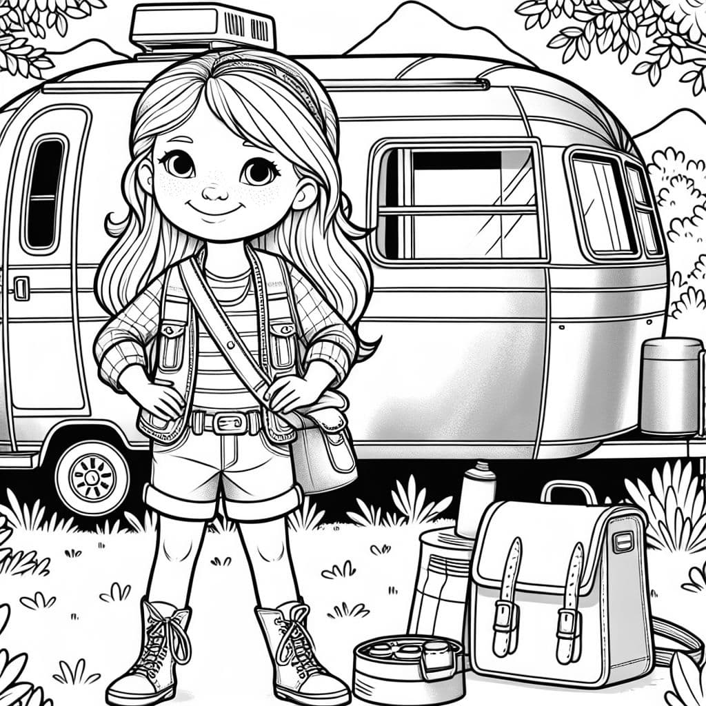 a 4 year old girl with long blonde hair is wearing camping clothing and standing in front of an airstream trailer