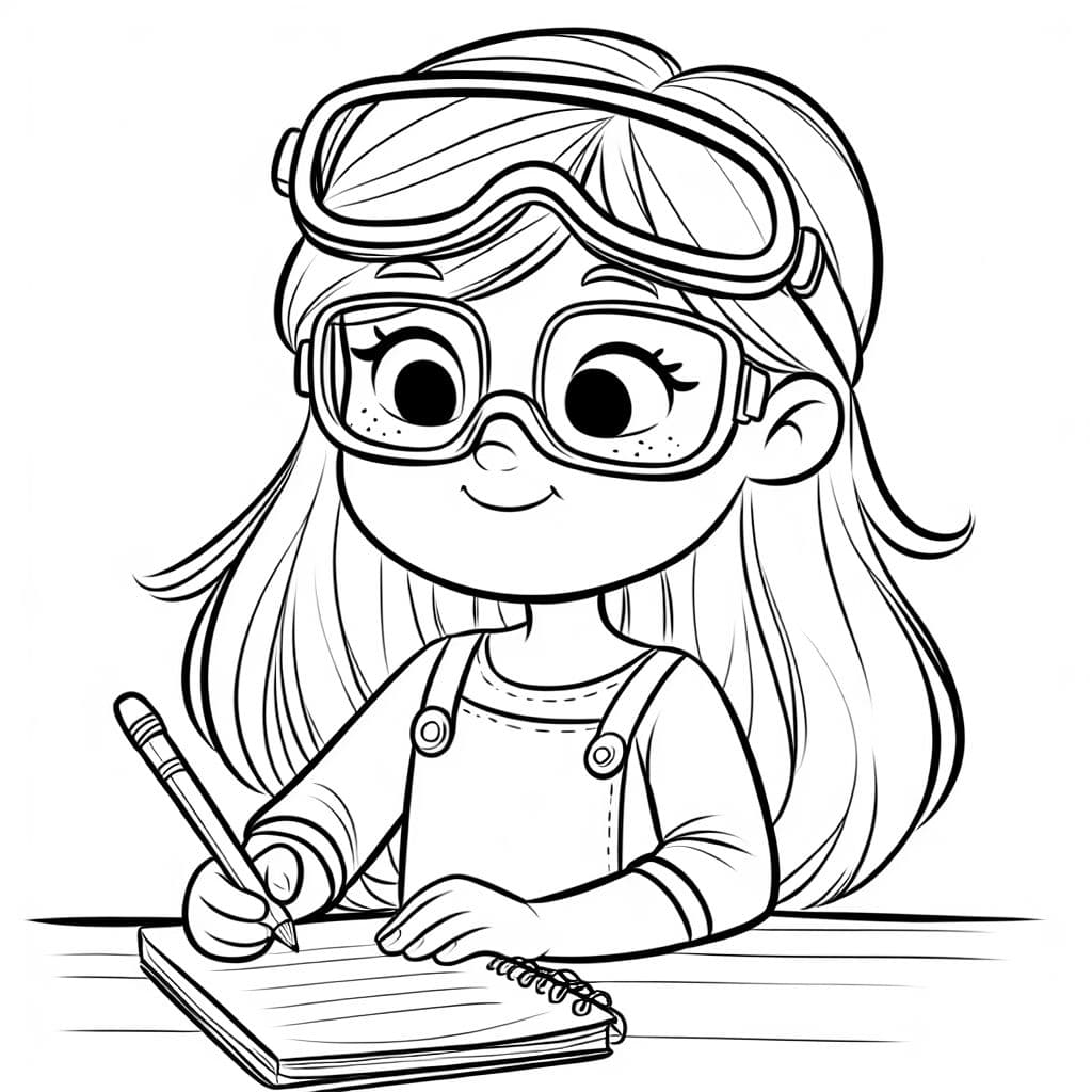 a girl with long straight blond hair has safety goggles on her hear and is writing in a notebook. She is wearing a simple long sleeved dress