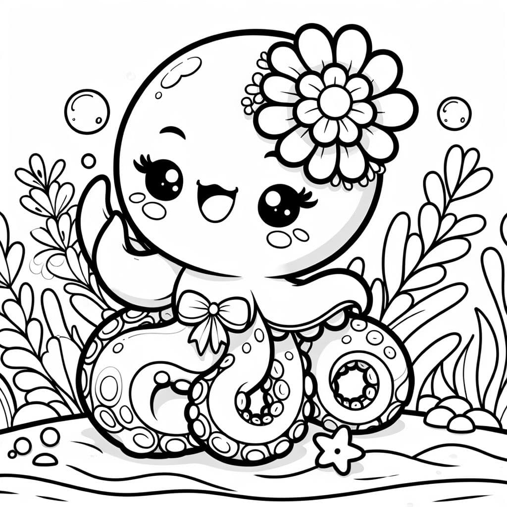 A cute octopus with a mermaid tail and a flower that is smiling