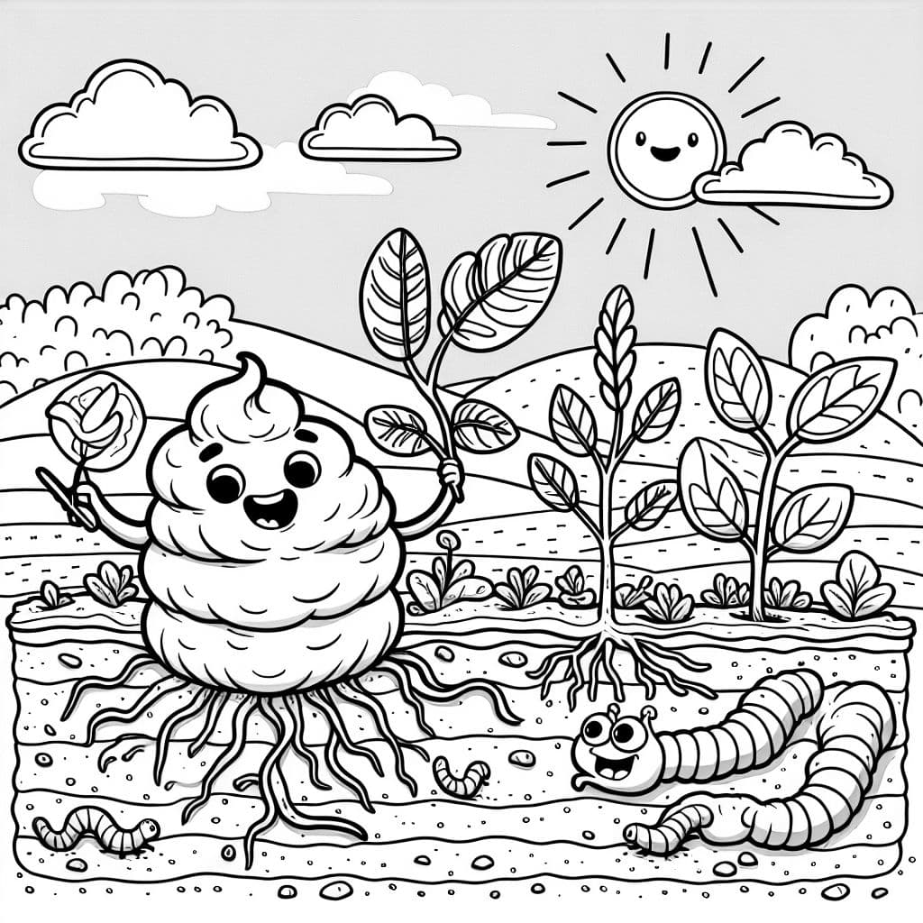 Una ilustración de humus ayudando a las plantas, para colorear por niños de primero.