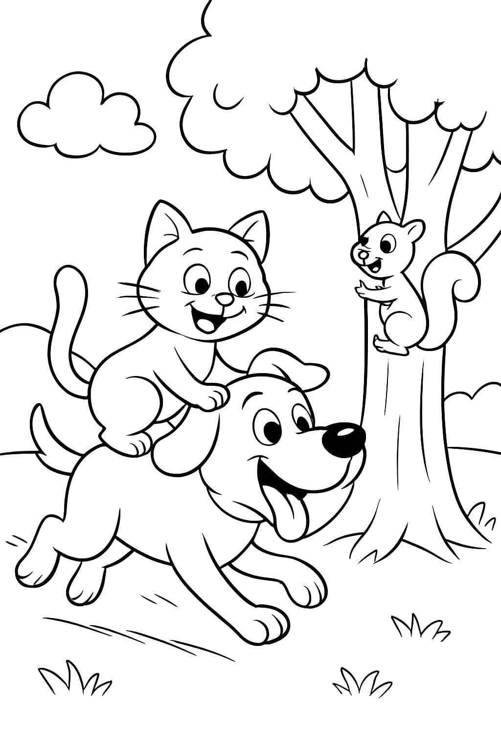 un chat chevauchant un chien poursuivant un écureuil dans un arbre
