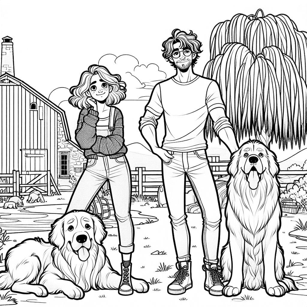 Un hombre con cabello rizado marrón, vestido con camiseta y jeans, una mujer con cabello rojo marrón corto, vistiendo un suéter y pantalones cortos con zapatillas, un gran perro golden retriever y un gran perro cane corso, de pie afuera debajo de un sauce llorón, frente a un granero.