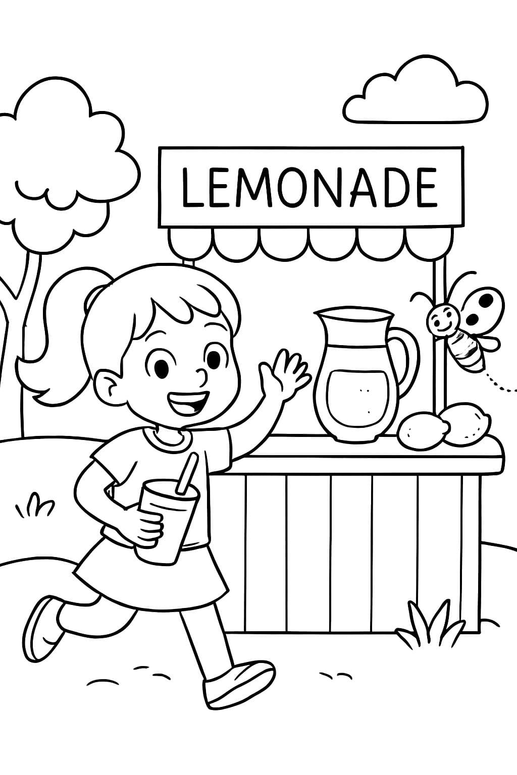 Una niña en un puesto de limonada con una mariquita revoloteando cerca.