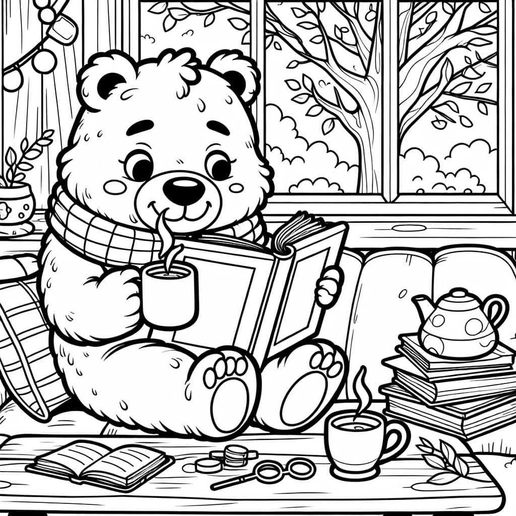 un oso bebiendo té caliente y leyendo un libro