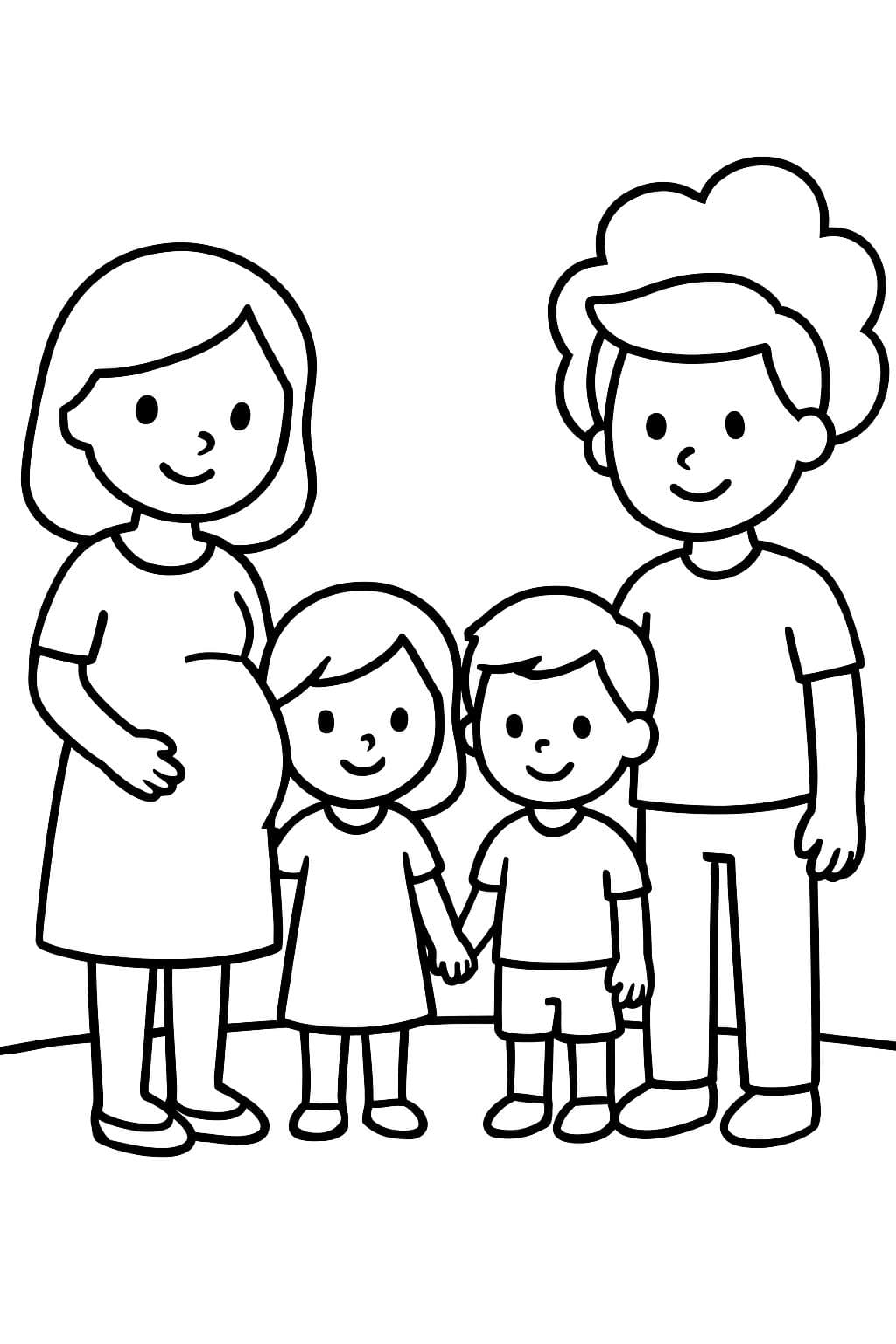 eine schwangere Mama mit einem Jungen, einem Mädchen und ihrem Papa zeichnen