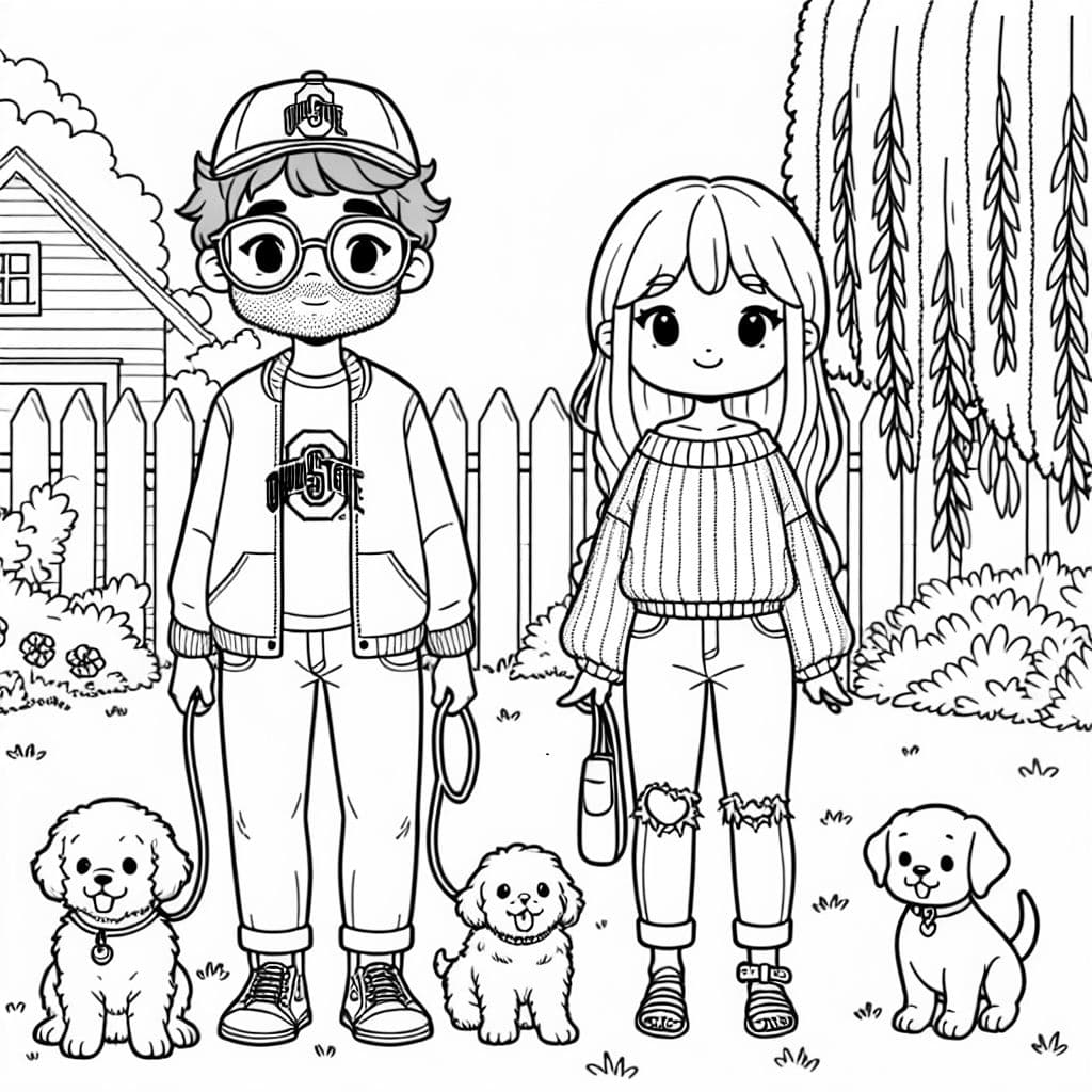 Un hombre con cabello marrón esponjoso, lleva gafas cuadradas y una gorra, una camiseta de Ohio State y jeans. Una mujer con cabello castaño rojizo trenzado a un lado, viste un suéter bonito con jeans y sandalias. Un gran golden retriever esponjoso y un cachorro cane corso. De pie afuera bajo un sauce llorón frente a una casa pequeña.