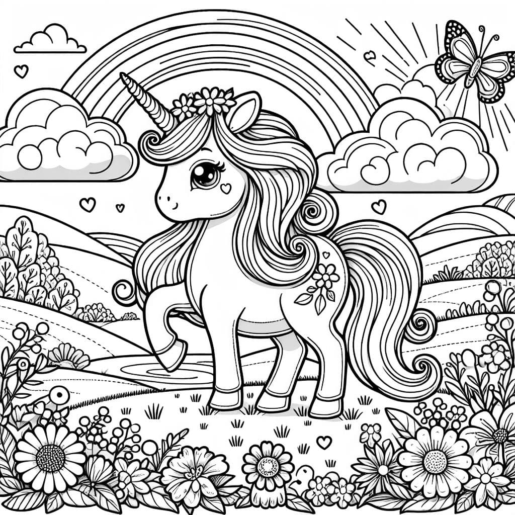A majestic, yet cute, unicorn with a flowing mane and tail, standing in a beautiful meadow filled with flowers and butterflies. The unicorn has a peaceful expression and a small rainbow above its head. There’s a gentle stream flowing nearby, and the background includes rolling hills and fluffy clouds in the sky
