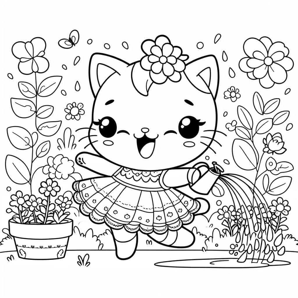 A cute cat in cute dress watering her garden