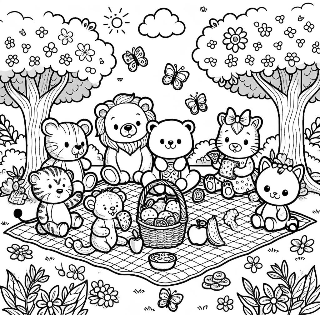 animals are sitting around a checkered blanket with a basket of fruits, sandwiches, and cookies. The scene includes trees with leaves, flowers, and butterflies fluttering around. Each animal has a cute expression, and the setting is cheerful and inviting