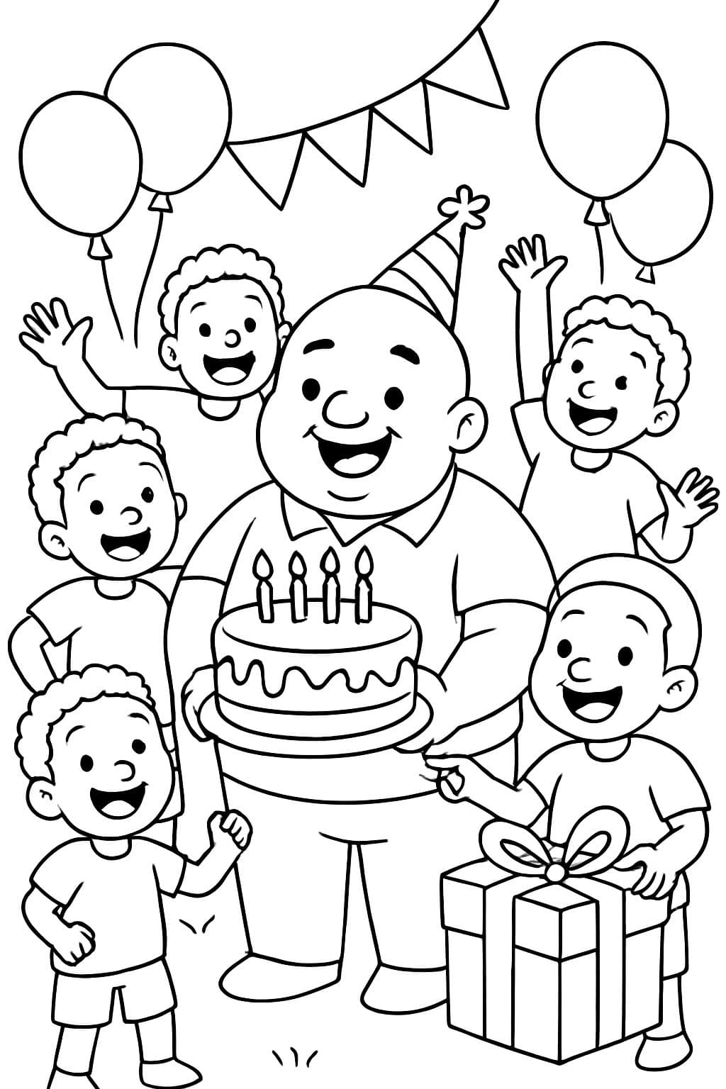 6 chicos negros celebrando el cumpleaños del Sr. Marcel con pastel y regalos. El Sr. Marcel es un hombre negro bajo y corpulento.