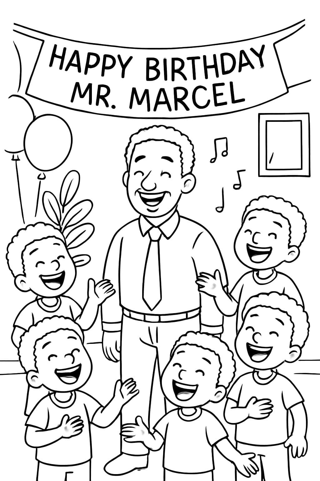 6 black boys singing happy birthday to an adult man. banner with "happy birthday Mr. Marcel".