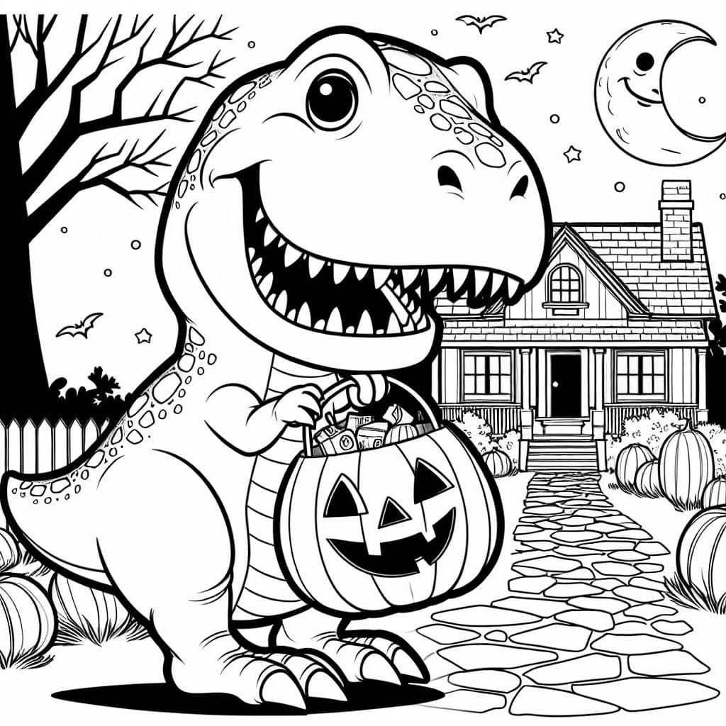 Un T-Rex en Halloween que va de puerta en puerta pidiendo dulces con una bolsa de calabaza.
