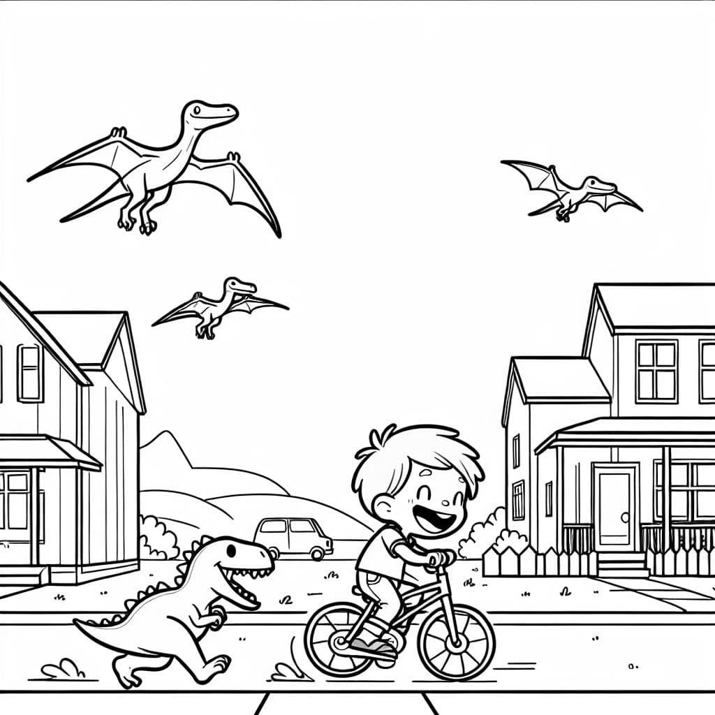 Un niño rubio montando su bicicleta en una calle con casas, perseguido por pterodáctilos.