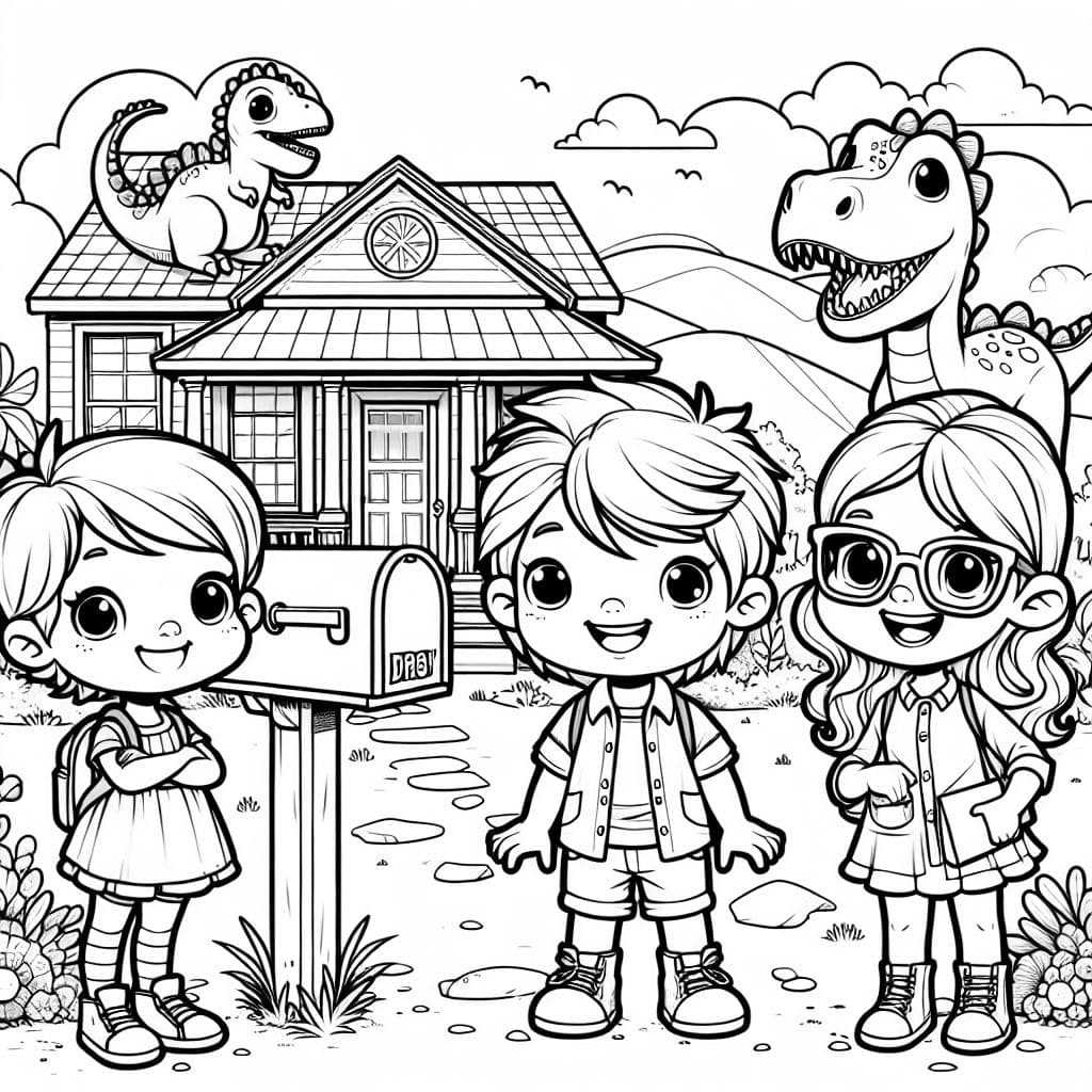 Un petit garçon blond et une petite fille blonde un peu plus âgée, ainsi qu'une maman avec de longs cheveux et des lunettes, devant une maison avec une boîte aux lettres. Il y a aussi des dinosaures autour de la maison et dans le ciel.