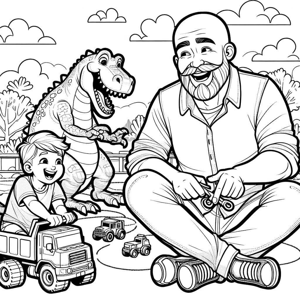Un hombre con barba y sin cabello, un joven niño rubio y un dinosaurio feliz juegan con camiones.