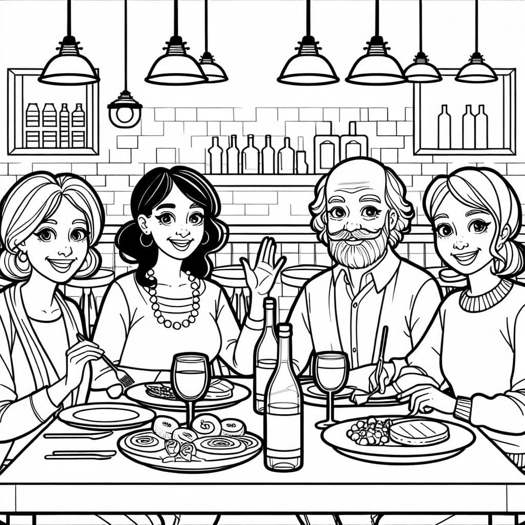 Une femme âgée avec des cheveux foncés, un homme chauve avec une barbe, une jeune femme avec des cheveux foncés et un jeune homme avec une barbe mangeant à une table de restaurant.