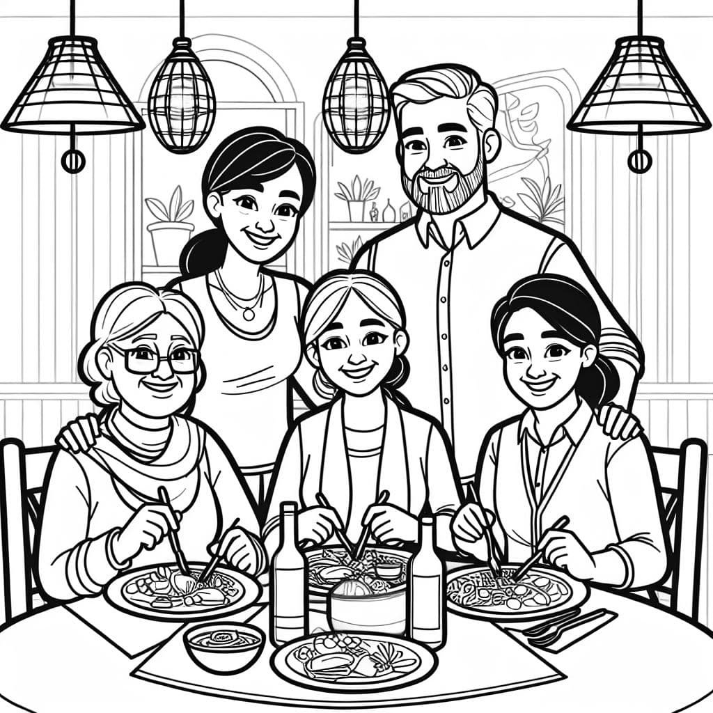Une femme âgée aux cheveux foncés, un homme sans cheveux et avec une barbe, une jeune femme aux cheveux foncés et un jeune homme avec une barbe mangeant à une table de restaurant.