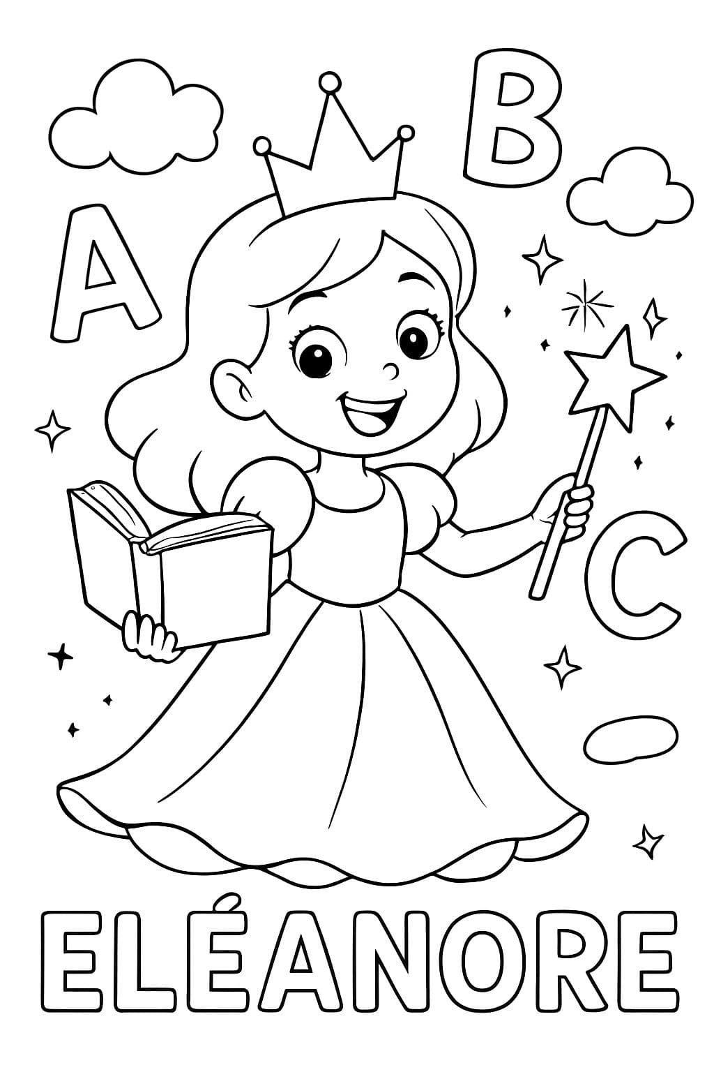 une princesse avec une baguette magique et un livre et des lettres de l'alphabet et le prénom Eléanore