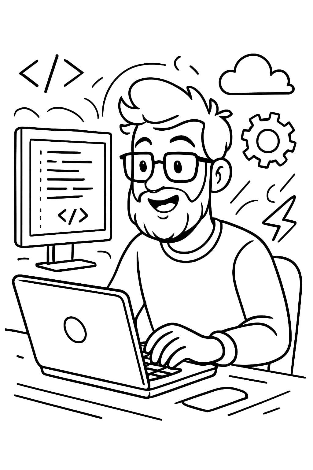 Um cientista da computação de barba com óculos trabalhando em seu computador.